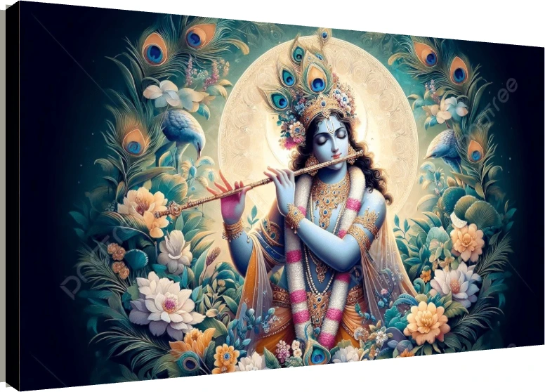 Digital painting of Lord Krishna playing the flute, surrounded by peacock feathers and lotuses. | PrintPosters.in